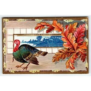 Vintage 1910 Thanksgiving Lithograph Postcard with Turkey & Autumn Leaves